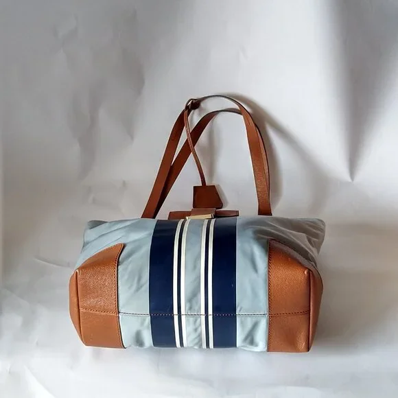 Tory Burch Penn Nylon Leather Tote Bag Purse Lt Blue Navy Key Ring - Picture 2 of 6